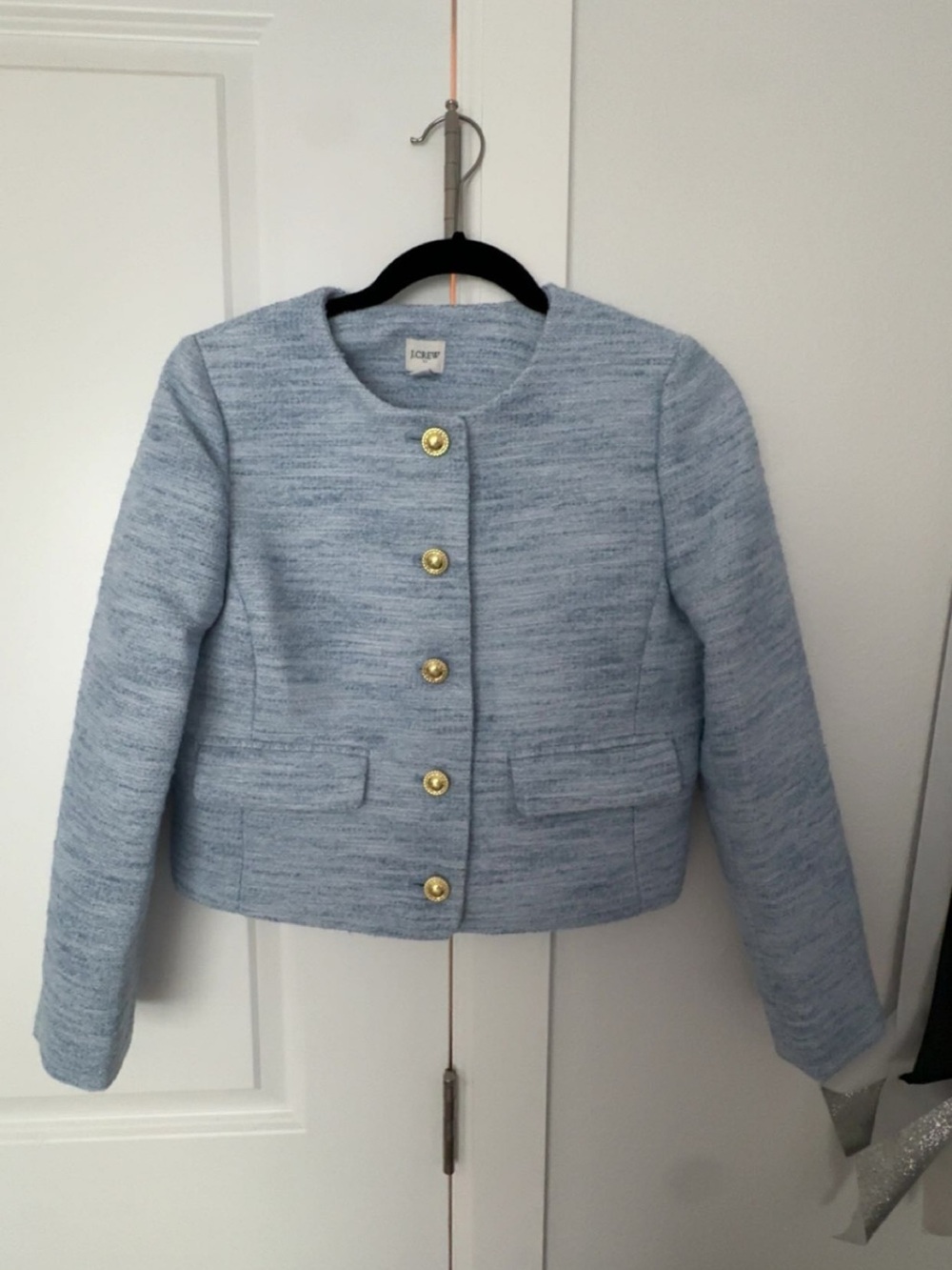 J. Crew Pale Blue Tweed Cropped Blazer with Gold Buttons